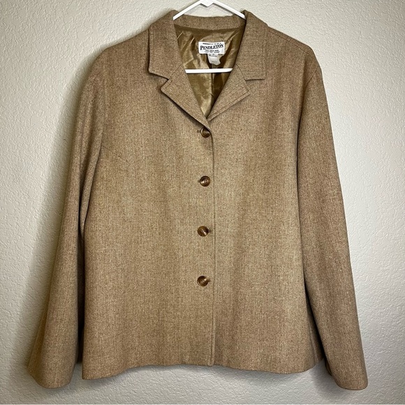Pendleton Vintage Women's Tan Herringbone Button Down Virgin Wool Jacket Size 18 - Picture 1 of 16